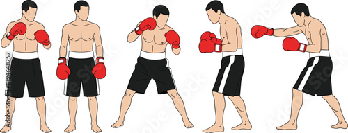 Vector illustration set of a male boxer with red gloves performing various fighting stances, jabs, and defensive positions on white background