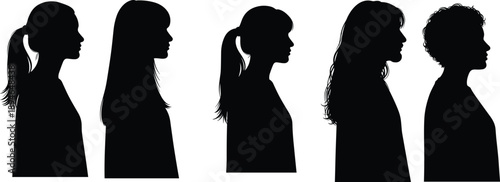 Vector set of black silhouettes featuring female head profiles with diverse hairstyles including ponytails long wavy hair and short curls