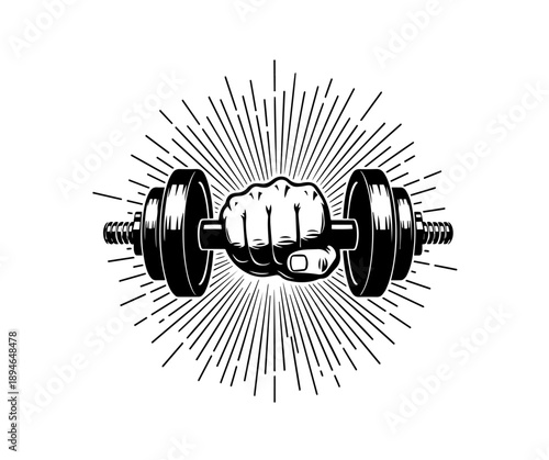 A striking black-and-white vector illustration depicts a muscular fist tightly gripping a dumbbell, surrounded by dynamic radiating lines that emphasize raw power and intense fitness motivation