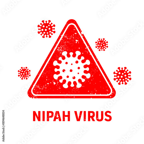 Nipah virus warning sign in red with floating virus particles on white background. Vector illustration for infectious disease alert, biohazard danger, outbreak risk, and public health awareness
