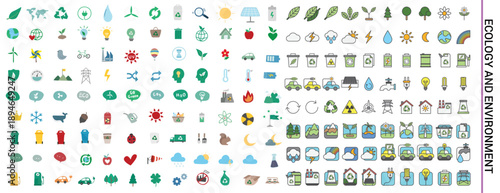 Flat Ecology Environment and Sustainable Green Energy Icon Set