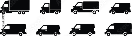 Set of black delivery truck and van silhouettes isolated on white background for logistics transportation shipping and commercial vehicle icon design