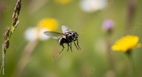 Black housefly in flight near purple wild grass in meadow with yellow flowers