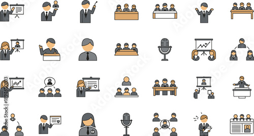 Business Presentation and Public Speaking Icon Set Featuring Meetings, Training Sessions, Conferences, Team Discussions, Reporting, and Professional Corporate Communication Concepts.