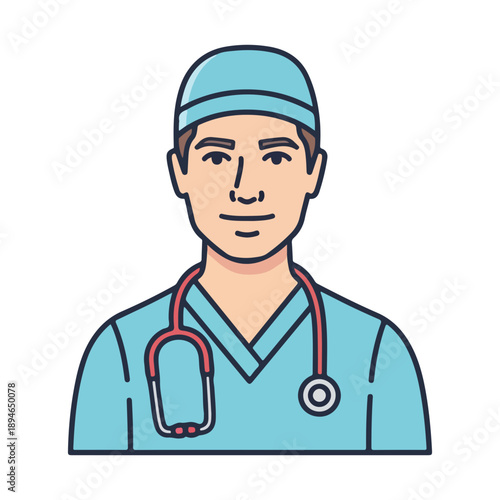 Male Doctor or Surgeon Avatar with Stethoscope Outline Illustration