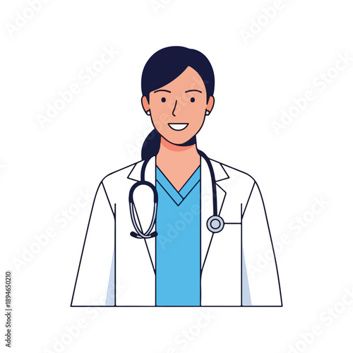 Smiling Female Doctor Wearing Lab Coat and Stethoscope Vector Illustration