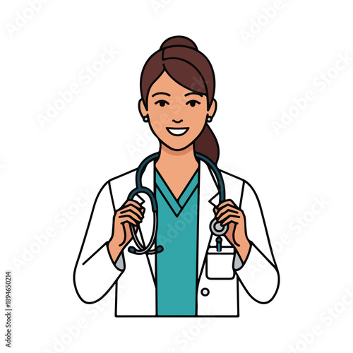 Smiling Female Doctor Illustration Stethoscope White Coat