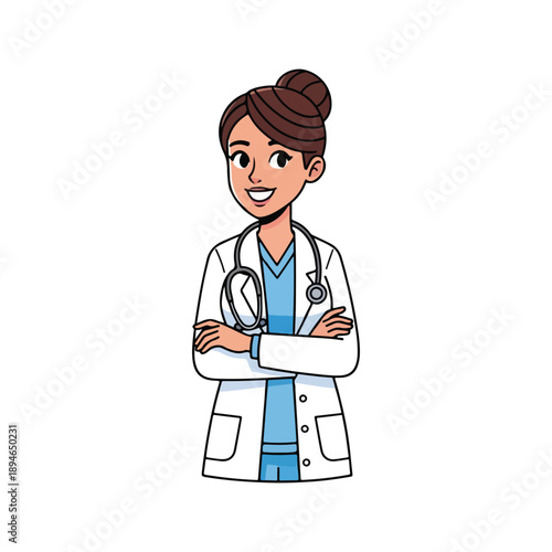 Female Doctor Arms Crossed Smiling Cartoon Illustration