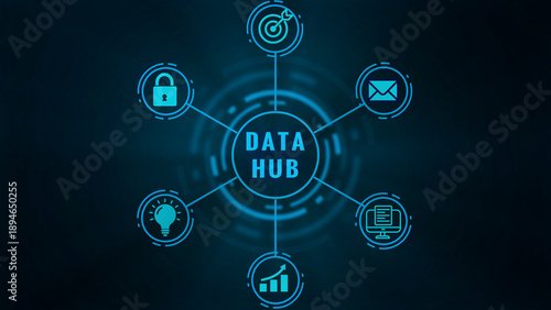 Central data hub diagram with interconnected for goals security communication data analysis and innovation on a dark blue background symbolizing information flow and digital integration