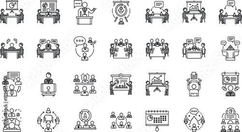 Business Meetings and Team Collaboration Icon Set Featuring Presentations, Group Discussions, Training Sessions, Scheduling, Communication Flow, and Professional Corporate Workflow Concepts.