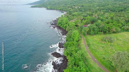 Cinematic drone shot moving forward along a rocky beach with lush green trees and blue ocean water in Flores, Indonesia. Aerial travel b-roll.