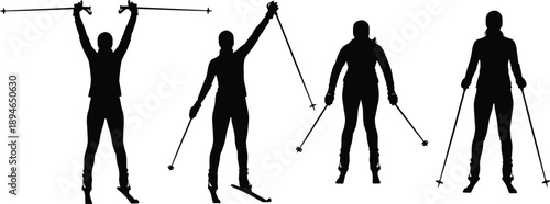 Set of black silhouettes featuring professional skiers in various action poses for winter sports mountain adventure and extreme skiing lifestyle concepts.