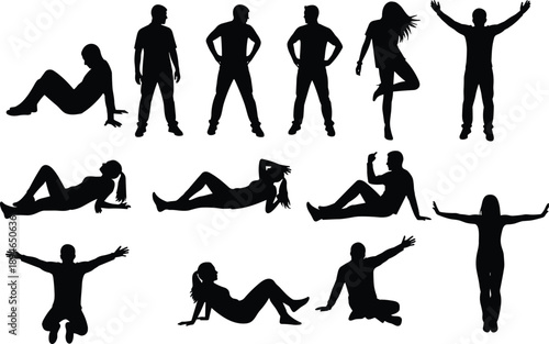 Set of black silhouettes featuring men and women in various poses including sitting lying down standing and jumping for lifestyle concepts.