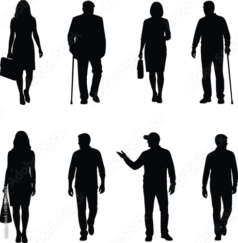 Set of black silhouettes featuring diverse men and women including business professionals and seniors with walking sticks for social inclusion concepts