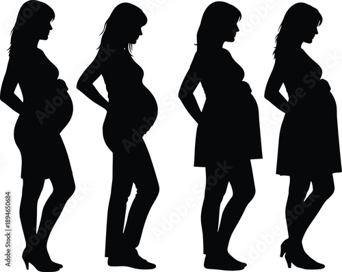 Set of black silhouettes featuring pregnant women in various stages of pregnancy for maternity healthcare motherhood and expectant mother lifestyle concepts