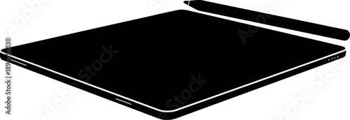 Black Silhouette Of Tablet Lying Flat With Stylus On Top Thin Profile Isolated