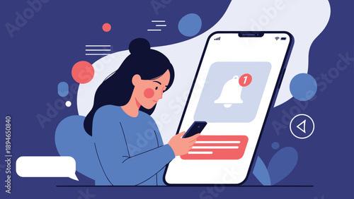 Young woman looks at her smartphone while a large notification bell icon appears in the background to represent mobile alerts.