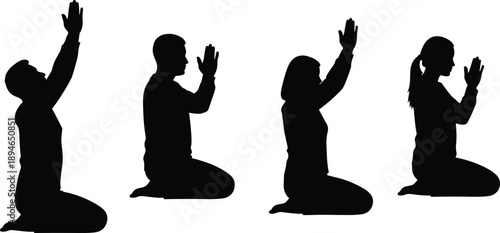 Set of black silhouettes featuring men and women kneeling in prayer and meditation for faith spirituality religion and worship concepts.