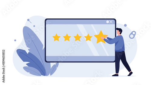 Young man provides a high five star rating on a large digital screen interface to show customer satisfaction and business success.