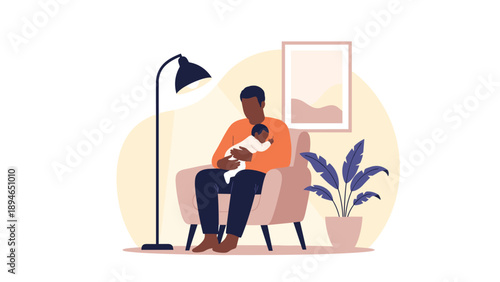 Devoted father sits in a comfortable armchair at night and holds his newborn baby under the soft light of a floor lamp.
