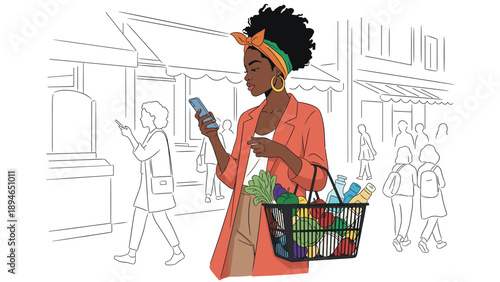Fashionable woman with a grocery basket looks at her smartphone while walking through a busy outdoor market street.