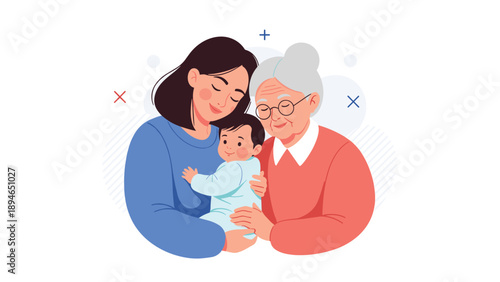 Happy three generations of women including grandmother mother and baby daughter embrace with love in a warm portrait.