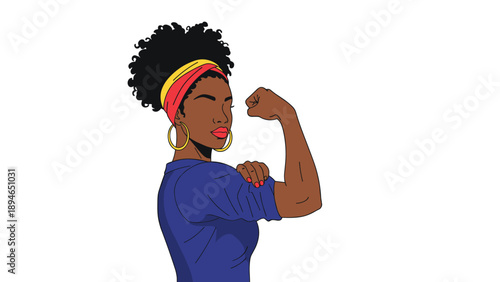 Strong African American woman with a headband flexes her bicep in a powerful pose to show female empowerment and strength.