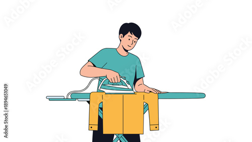 Young man focuses on ironing a yellow shirt on a folding board at home to maintain a neat and professional appearance.