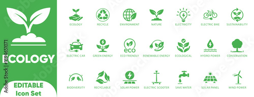 Ecology Editable solid icon set. Environment,nature,sustainability, recycle,energy,renewable, electric bike, eco-friendly, forest, wind power, And vector.

