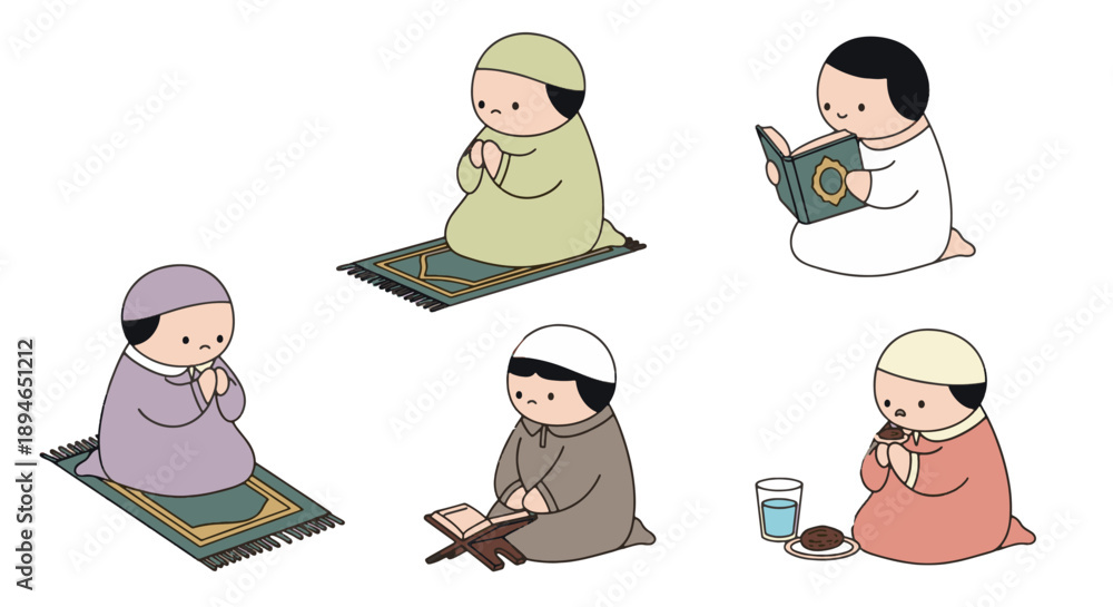 Fototapeta premium Ramadan Activities Cute Muslim Character Set