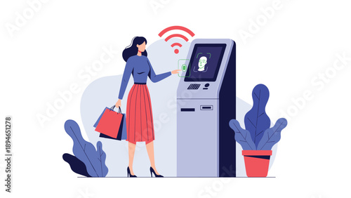 Modern woman using facial recognition technology for secure transaction at an automated teller machine in public area.