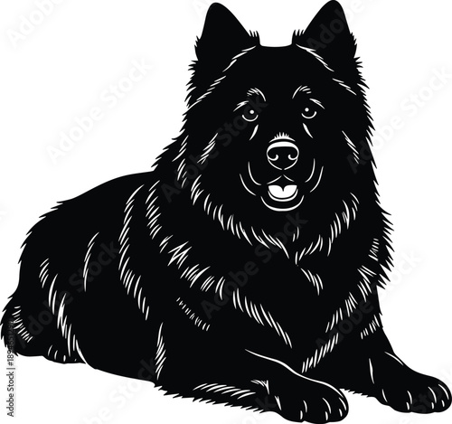 Detailed black silhouette of a loyal German Shepherd dog lying down for pet care veterinary services and canine breeding concept.