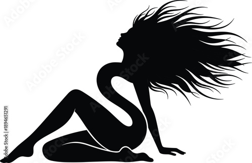 Artistic black silhouette of a graceful woman with long flowing hair sitting in an abstract pose for beauty and wellness concepts.