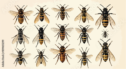 Collection of bee insects nature sketch illustration