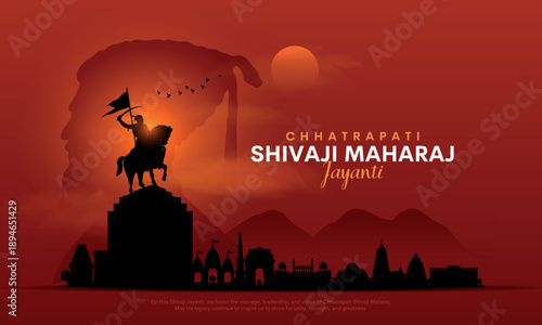 Happy Chhatrapati Shivaji Maharaj Jayanti Banner Design. Shivaji Jayanti Celebration Background and Poster with Text and Maratha Flag Silhouette Vector Illustration.