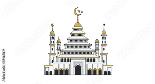 Elegant vector illustration of a layered mosque with minarets and crescent star symbols. Ideal for Ramadan, Eid greetings, and Islamic cultural heritage designs.