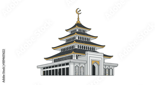Unique vector illustration of a mosque blending traditional Islamic design with multi-tiered East Asian pagoda architecture.