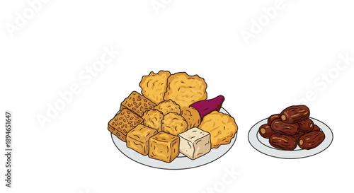 Delicious Indonesian Iftar snacks (Takjil/Gorengan) featuring a platter of fried tempe, tofu, and traditional dates (kurma). 