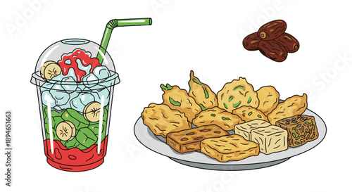 Delicious Indonesian Iftar Es Pisang Ijo and snacks (Takjil/Gorengan) featuring a platter of fried tempe, tofu, and traditional dates (kurma). 