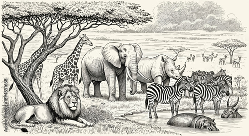 African safari wildlife animals landscape sketch