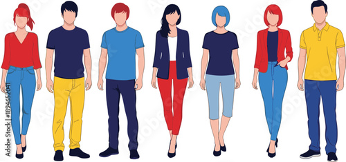 Flat vector illustration of diverse young people wearing trendy casual streetwear and colorful modern outfits isolated on white background for lifestyle.