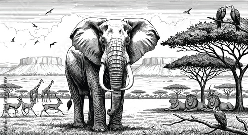 Herd of elephants in savanna landscape sketch