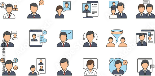 User Profile and Account Management Icon Set Featuring Identification, Verification, Personal Data, Digital Communication, Login Access, and Professional Online User Concepts.