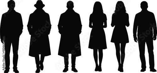 Group of anonymous men and women silhouettes standing together, urban people figures isolated on white background, modern society concept