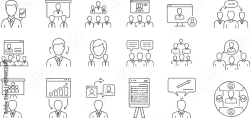 Business Communication and Meeting Icon Set Featuring Team Discussions, Presentations, Video Conferences, Collaboration, Reporting, and Professional Corporate Interaction Concepts.