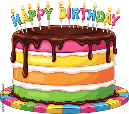 Colorful multi-layered birthday cake with chocolate dripping glaze and lit happy birthday letter candles on a vibrant rainbow cake stand.