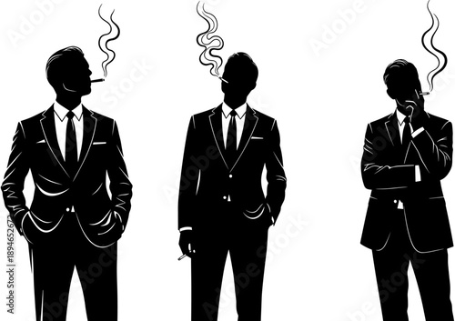 Minimalist black and white silhouettes of three sophisticated men in formal suits smoking cigars with rising smoke clouds isolated on white.