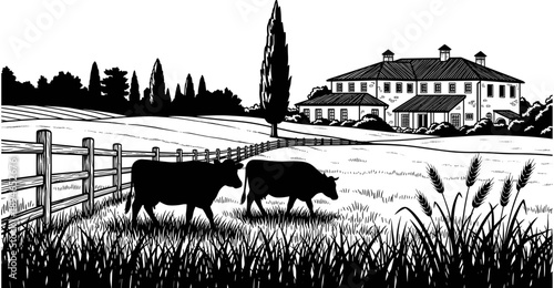 Vintage black and white countryside farm landscape illustration featuring cows in a pasture with a farmhouse, tall trees, and wooden fence.