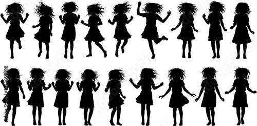 Set of black silhouettes of young girls jumping and dancing in joy isolated on white background for childhood and play.