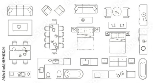 Collection of architectural floor plan furniture symbols.
